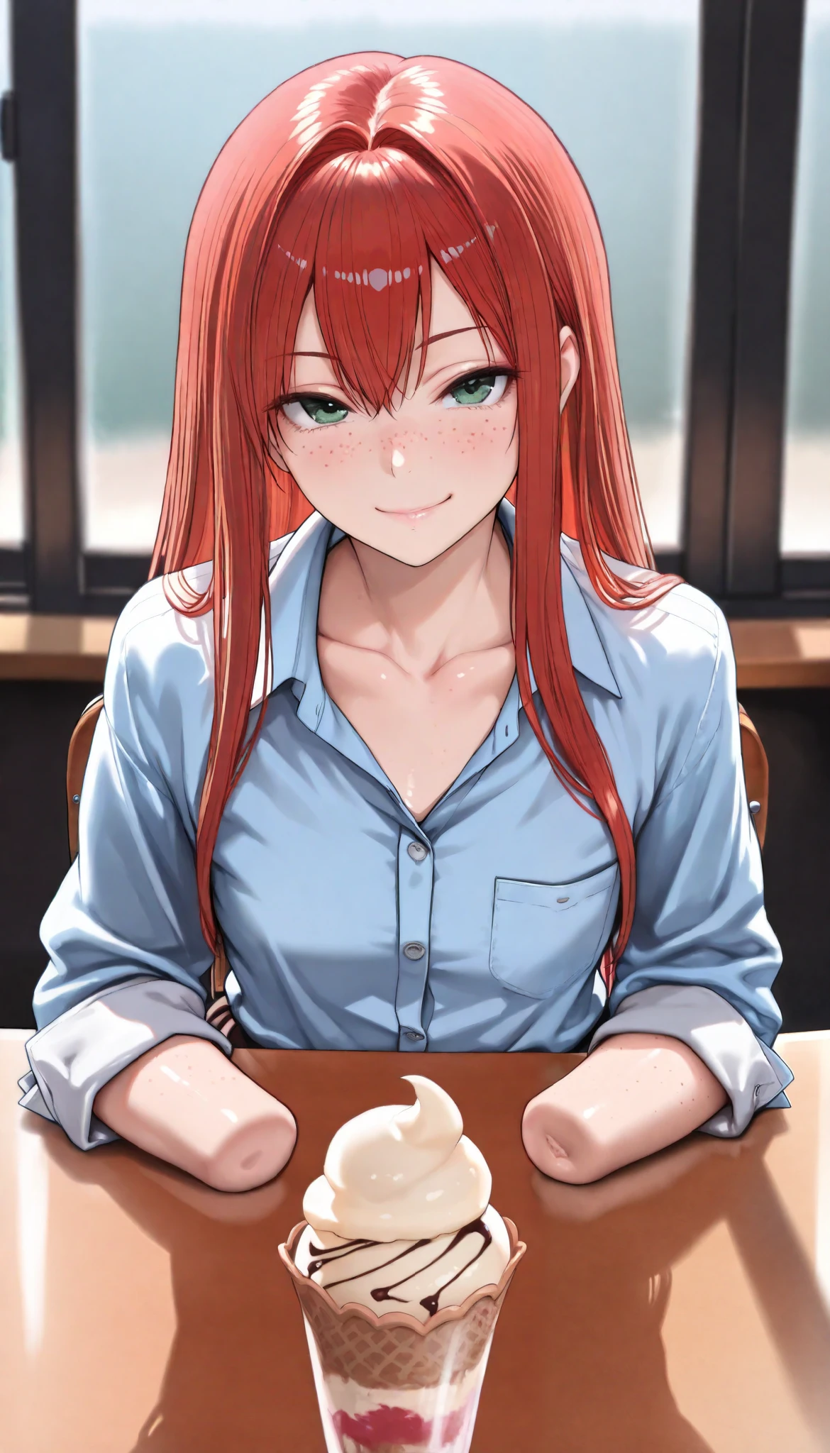 beautiful armless amputee girl dressed in blue shirt with rolled sleeves and skirt sitting the shiny ice-cream parlor, girl, cute, sassy, smile, green eyes, (freckles), redhead, ((long straight red hair)), ((light blue button down shirt)), (((rolled up sleeves))), ((missing forearms)), ((elbows)), ((amputee)), (((arm stumps))), (((collarbone))), big chest, (chest pocket), looking at viewer, ice-cream parlor,, masterpiece, best quality, amazing quality, realistic, hyper-detailed, desk, arms on the table, shiny window, (ice-cream)