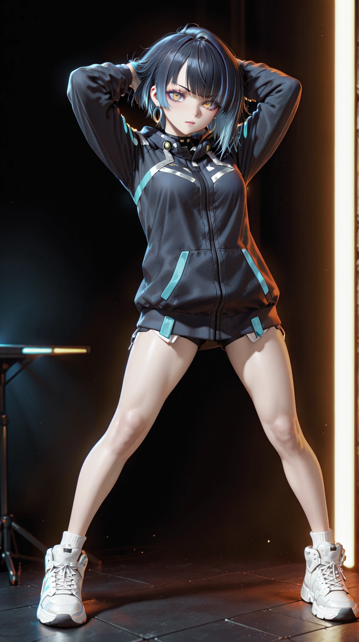 diy4,Highest quality, ultra-high definition, masterpieces, 8k, realistic, anime styled, 3d render,(best quality:1.2), 1girl, standing_split, long black hair, white turtleneck sweater, sports shorts, pantyhose, beautiful detailed eyes, beautiful detailed lips, extremely detailed eyes and face, long eyelashes, vivid colors, professional, ultra-detailed, realistic, studio lighting, physically-based rendering