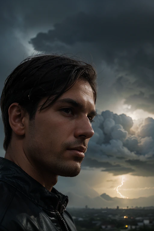 image from biblical times of cain with a spot on his forehead looking at a man lying on the ground, the sky is filled with clouds and lightning, and the face of god is between the clouds.