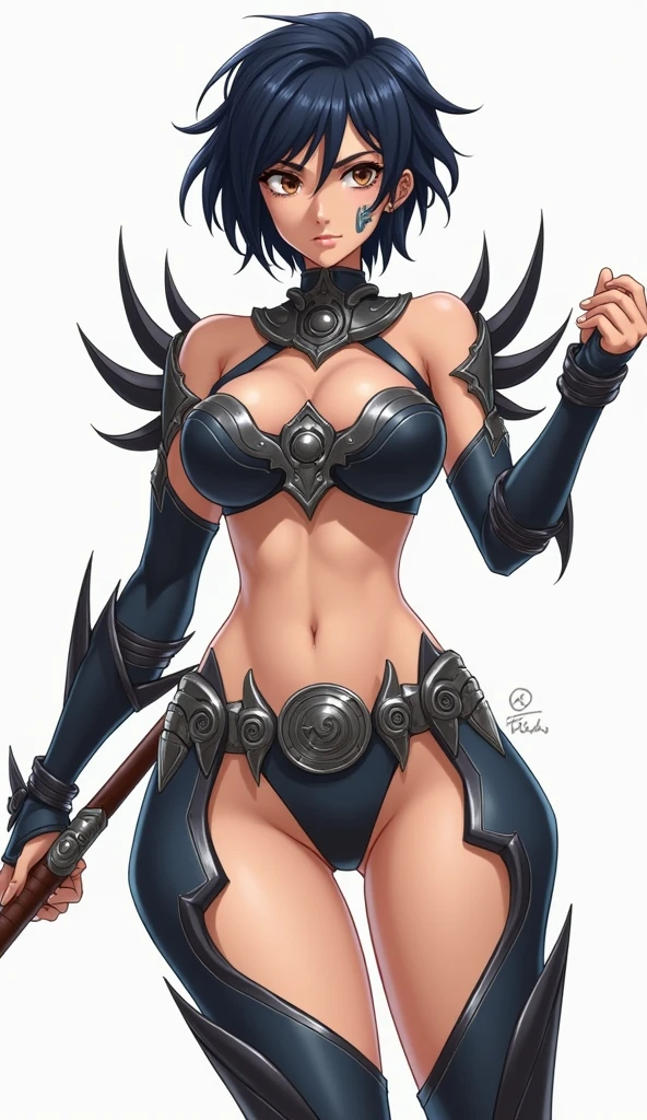 Game character standing drawing design，Orc female，Leather armor，Fur shoulders，Stout limbs，Strong muscles，The barefoot，Holding a huge barbed stick，Different layers overlay，Different angles，（Back all over the body：1.4），solid color backdrop，clean backdrop，depth of fields，high light，Real light，Ray traching，OC renderer，UE5 renderer，Hyper-realistic，best qualtiy，8K，Works of masters，super-fine，Detailed pubic hair，Correct anatomy，