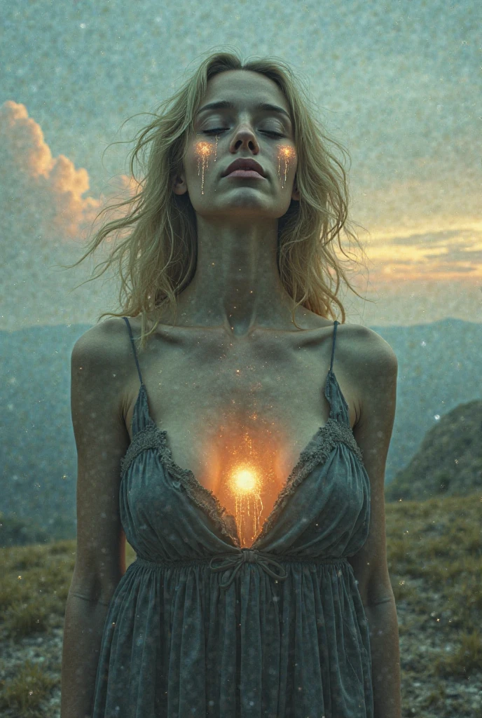 Poster: Real image of intense heat caused by solar flares, a woman suffers from the heat. Photorealism, full view, highly detailed image, very realistic, hyperrealism, Ultra HD, 8k, 5, sharp focus, intricate and mysterious masterpiece. (Long exposure photography Artistic illustration close-up portrait very detailed: final quality, medium shot, backlight, Rich and striking. Enigmatic and mysterious manipulations (composition of the rule of thirds), ((detailed environment with strong lines) The best quality, in camera, white light, warm and clean aesthetics, dazzling screen composed of millions of brilliant ultraviolet rays, HDR.
