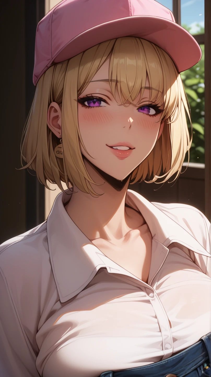 masterpiece, best quality, finely detailed, 1girl, (blonde), (bishoujo), cute, (green eyes), (eyelashes), (huge breasts), (cleavage), (white shirt:1.2), (open shirt), sitting on a sofa, lamp, window, night, delicate interior design,