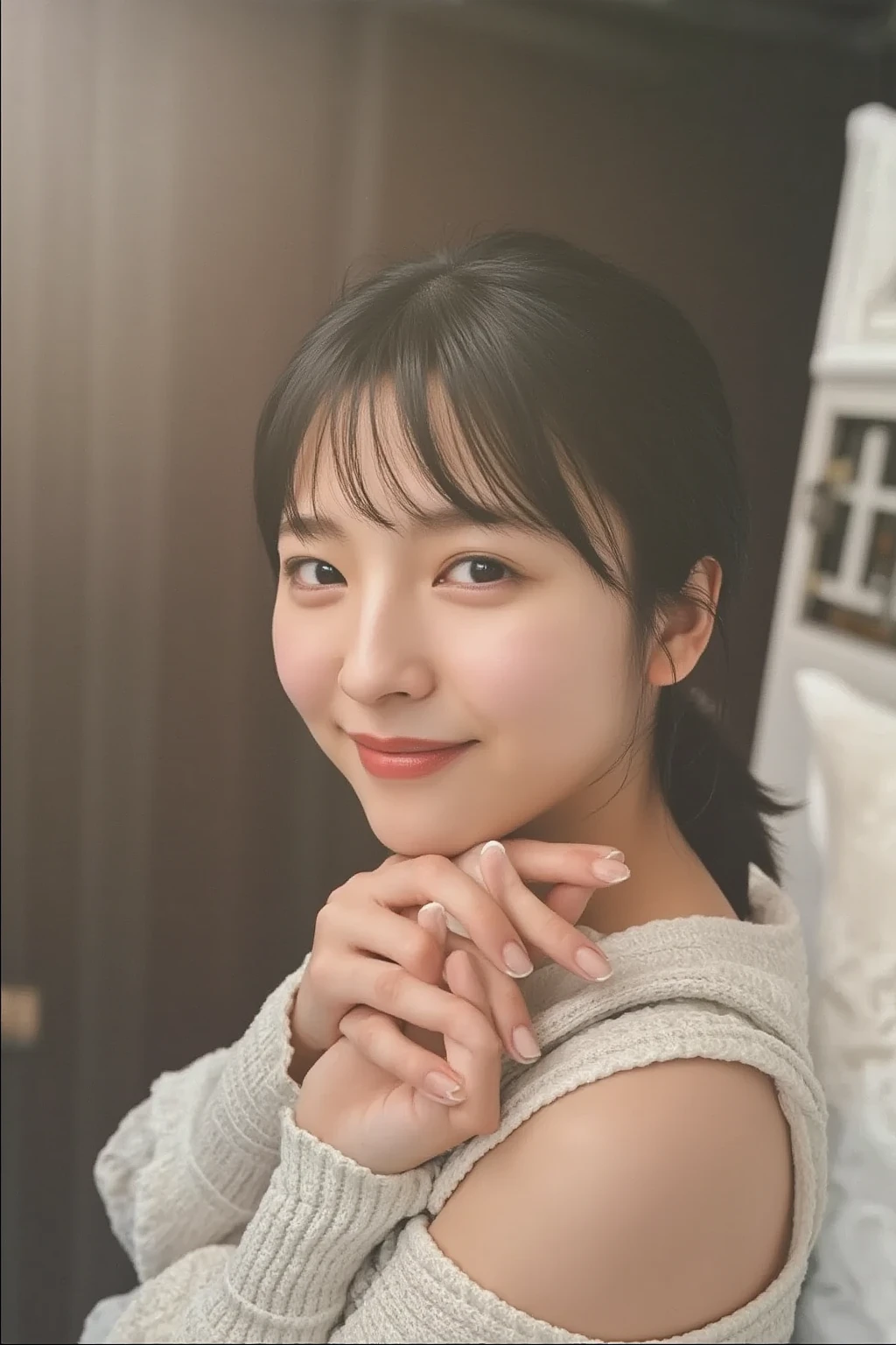 ((Highest quality, 8k, masterpiece: 1.3)), sharp: 1.2, Perfect Body Beauty: 1.4, Slim Abs: 1.2, (whole body: 1.2), (Tight, off-the-shoulder, see-through), (Underbust: 1.1), (Looking down at the camera)、Round face shape、Give a soft impression。Big eyes、Have a natural facial expression that makes it look like the eyes are blinking.。Adding double eyelid and eyelash details。Thin eyebrows、It has a natural shape、On the eye。Eyebrow arch is natural、Compliment their facial expressions。eyes are shining brightly、Make a lively impression。Pupil size and color are natural、Create an attractive appearance。Add natural shadows and highlights around the eyes、Expressing a three-dimensional effect。
Add fine lines around the eyes and creases on the eyelids.、Achieve a realistic look。The mouth is soft, Smiling face.。lips are plump、Painted in natural colors。
Beautiful teeth alignment、We will create a natural shape that is unique to you.'laughing.。
The corners of the mouth turn up、Create a graceful smile。
Skin texture and expression:
Leaves skin smooth and radiant。The skin texture is natural、Moderate expression of pores and fine wrinkles。
Healthy skin color、Add natural shadows and highlights to create depth。
Gives skin a natural tone、Creates a healthy, bright appearance。
Light and shadow effects:
Considering the shadows and lighting conditions from the light source、顔のExpressing a three-dimensional effect。Wraps your face in soft light、create natural shadows。
Use light reflections and highlights、Enhances skin radiance and eye brightness。
Background and environment:
The background is simple、Choose colors and patterns that complement your facial featureake sure your face is clear of any obstructions。
Background color and brightness、Adjusting your face to enhance it。