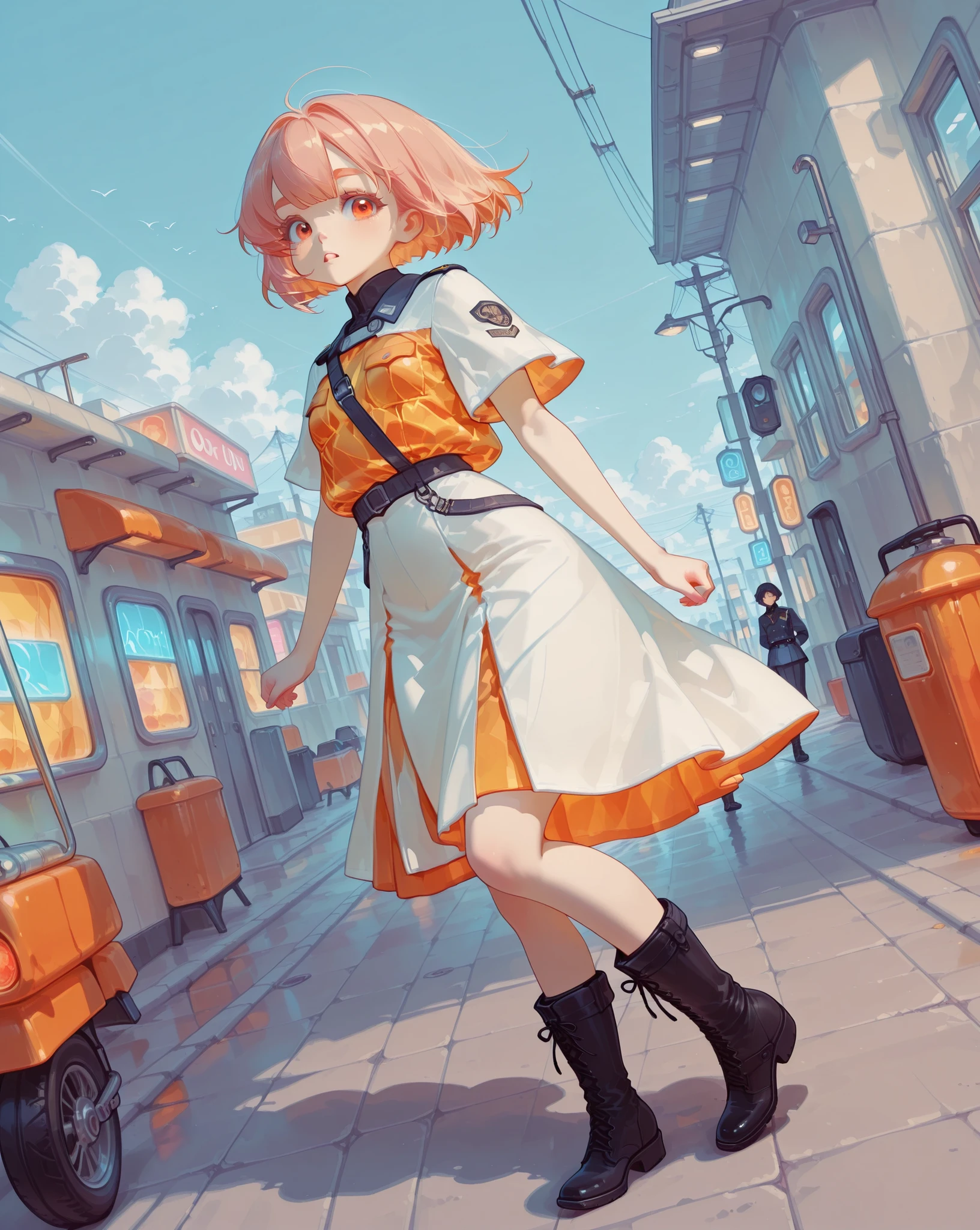 Anime girl in a short dress walking down a street - SeaArt AI