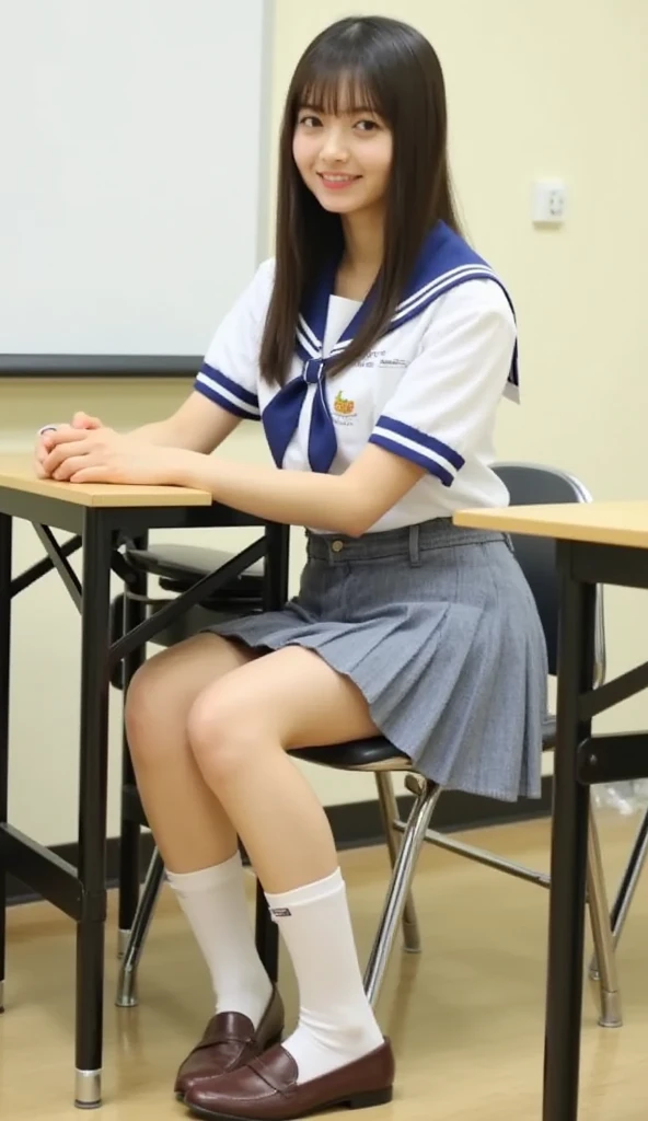 (Happy expression:1.26)、Raw photo、(((Ultimate beauty full body photo shoot)))、((Glowing Skin))、1 girl、Beautiful 19 year old girl from Prague、Baby Face、Bright expression、Detailed face、Alluring、((Black-haired、Short Hair:1.2))、skirt、View from the floor、(Light blue and white striped long socks:1.2)、(Thigh-high socks:1.2)、((Sailor suit、uniform、Mini skirt:1.5))、(Micro Skirt、high waist)、(Place your elbows on the desk、Sitting on a chair with legs wide open:1.2)、((She opens her legs to show us her panties.:1.5))、(:1.5)、((Stand on tiptoes))、counter point shot、((Very detailed))、(Perfectly detailed face)、(Fine hand)、(finger details)、(good human structure)、A photorealistic masterpiece、最high quality、Very detailed、Film Light、Intricate details、High resolution、very detailed))、Detailed Background、8 KUHD、Digital single-lens reflex camera、Soft Light、high quality、Film Grain、Fujifilm XT3 、Shallow depth of field、natural Soft Light、Kamimei、classroom、Seen from a little below、