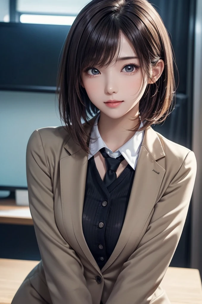 1girl, tan skin, dark brown hair, short hair, wearing blazer 