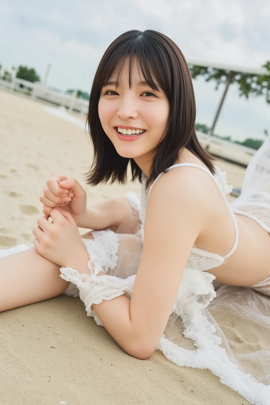 (((sunny day、Cute Japanese Woman、Beach、A strong wind is blowing、Her hair and skirt are flying、On all fours, Crawling、White open blouse、Pleated skirt、naked:1.25、splash、Pour water on the camera、smile、Laughter、Sandy Beach、Light of the sun、clear blue sea、The waves crash quietly、blue sky with white clouds、green mountain々、Beautiful Nature、The joy of youth)))、(((Top-down composition:1.33)))、(((8K、Highest quality、masterpiece、Ultra-high resolution)))、(Realistic:1.4)、RAW Photos、(Real skin texture:1.3)、(Film Grain:1.3)、((No underwear、Bend one leg))、One Girl、Beautiful and detailed eyes and face、naked足、