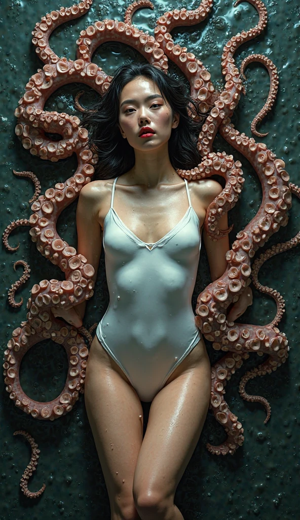 Japanese 40-year-old incredibly beautiful woman Slightly chubby Big Breasts The woman is in the cave. Wet and nipples are showing Tight and thin Wearing a white high-cut swimsuit I'm fainting with my eyes closed Both arms are lying by the side of the body Lying A tentacle wraps around a woman's thigh White duct tape covering a woman's mouth Tentacles are attacking a female