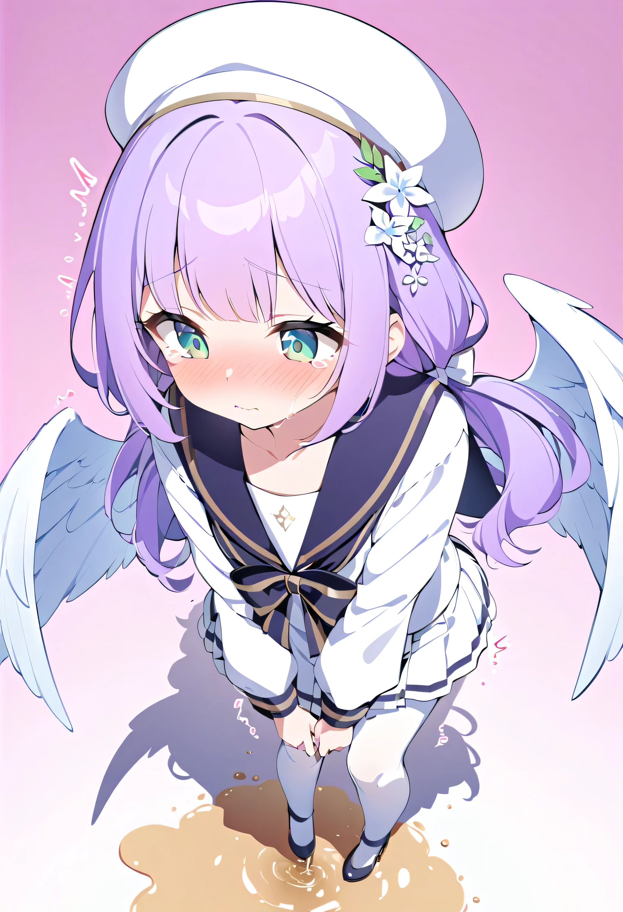 nsfw, ((masterpiece,best quality)), (close_up), head_sculpture, 1girl, solo, (low twintails:1.1), (blush, nose blush), crying, peeing, pee, yurisaki_mika, multiple_wings, white_beret, mika_serafuku, sailor_collar, mika_halo, flower_hair_ornaments, white pantyhose, squatting, looking down, outdoors, puddle of pee,