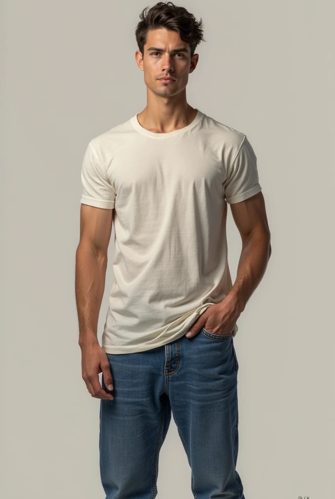 A 32-year-old French boy with blonde hair, sapphire blue eyes, blue jean pants dress and white t-shirt photo background