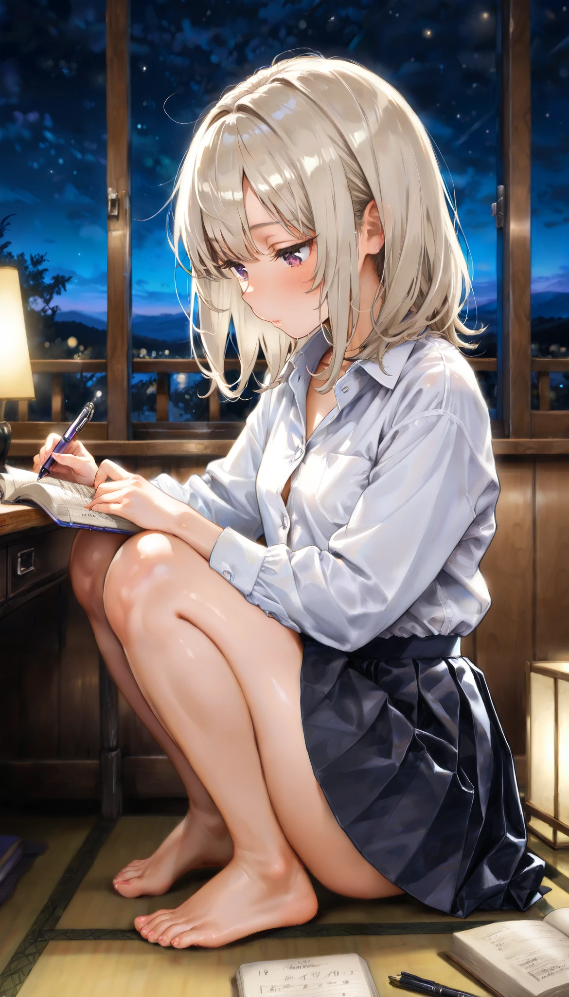 top quality , details, 18 years oldの美しいgirl1人 ,,( platinum blonde medium hair ),、 gal、 1人のgirl,, Suggested gender, ,girl, 18 years old, (small breasts:0.8), beautiful face, Chest, , Japanese-style room, night, photos, masterpiece, best quality, Great quality, newest, , 非常にdetailsな, extremely detailed, explicit、Studying at a desk、cover、in trouble、bare feet、pleated skirt、(side view)、Inner thighs、sit on your knees 、 in a white dress shirt 、 look down、Books、Notes、pen、worry