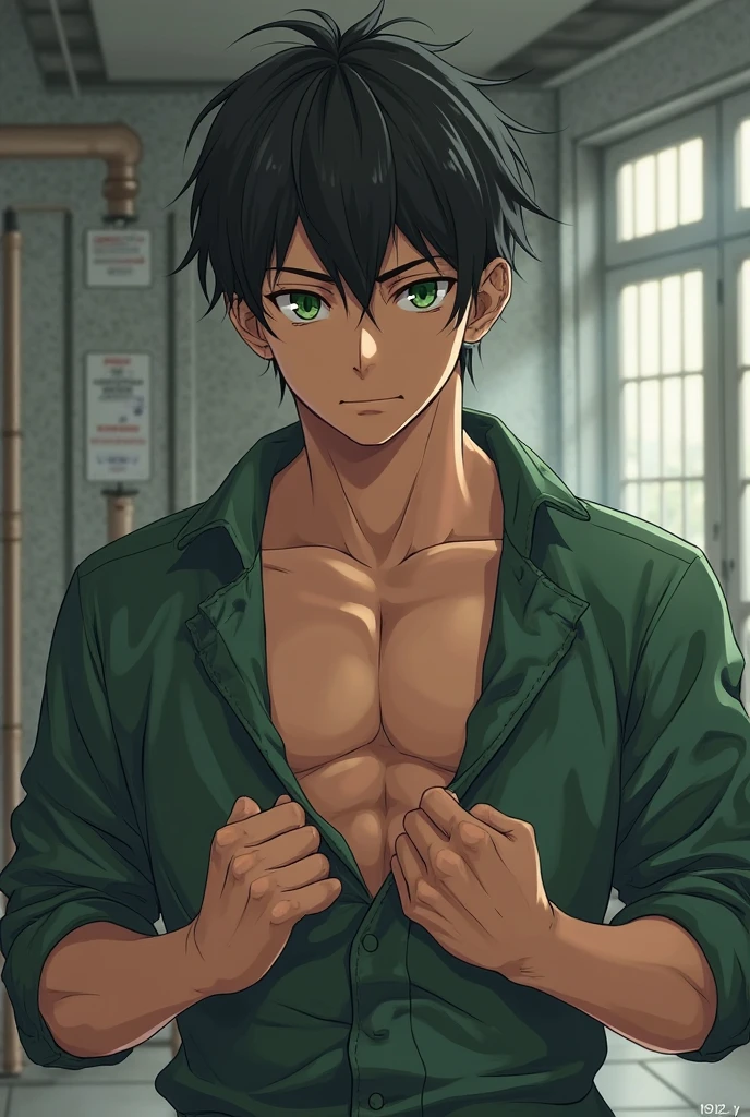 Anime characters: male, 1boy, black hair, short hair, green eyes, pectorals are oversized, pige pecs, a photograph of  varsity jacket shirt and shorts, blue shorts,  8k uhd, dslr, soft lighting, high quality, film grain, Fujifilm XT3