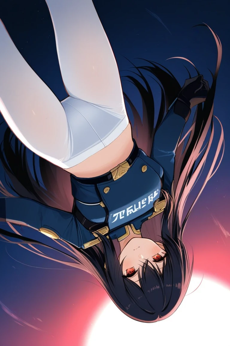 A woman with long black hair, wearing black silk knee-length socks, sitting on a classroom desk, with an orgasmic face, open legs, and open with both hands