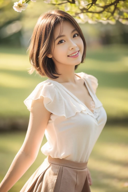 1woman, idol, bob cut, brown hair, sunset, smile, take off your clothes anyway、