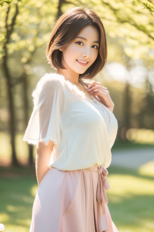 Pure Japanese girl, wearing loose blouse and skirt, natural hair styles, sweet smile, sitting relaxed mood, sweet temptation, sexual attractive, refreshing in early summer morning, professional portrait photography,