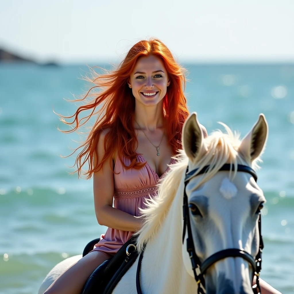 vibrant scene of a red-haired girl riding a majestic white horse along a deserted island beach, with a clear focus on the girl's face and the first half of her body. The girl's hair flows in the wind, contrasting beautifully with the horse's pure white coat. Her expression is serene and joyful. Her breasts are big in bikini. The beach is serene, with soft golden sands stretching to meet the gentle waves of a turquoise sea. Palm trees and lush greenery frame the background, under a clear blue sky with a few scattered, fluffy clouds. The atmosphere is tranquil and picturesque, capturing the essence of a tropical paradise.