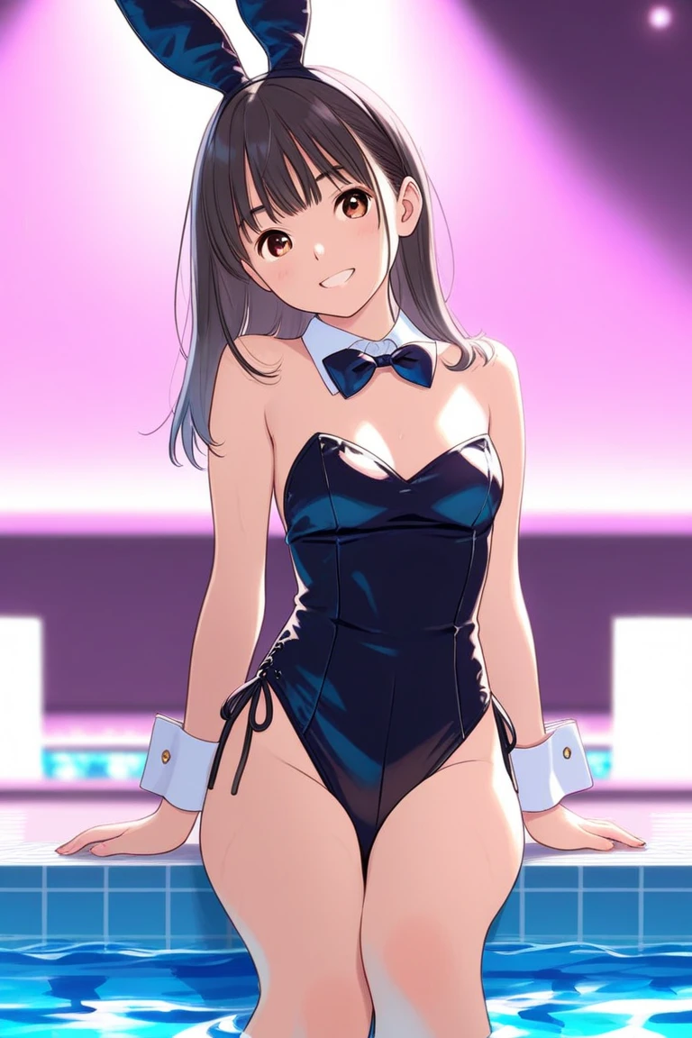 (best picture quality, 4K, high quality, masterpiece::1.2), ((masterpiece)), high detail, high quality, best picture quality, ((high quality, nsfw,  showing armpits, embarrassed,)), nsfw, (bun hair), cute, early teen girl in a competition swimsuit with pantyhose at poolside in the indoor pool, full body, loli, short height, medium breasts, bokeh, DOF, Portrait, evil grin, open stance, (cute illustration:1.2), high-resolution, ultra-detailed, best-quality, bare-shoulder,