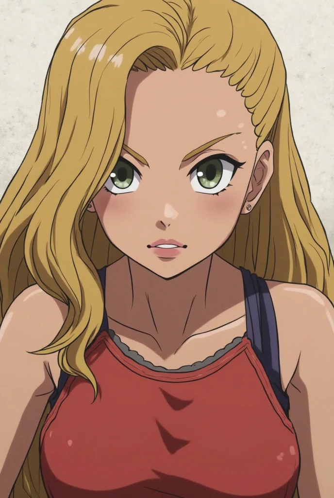 work of art, best qualityer, high resolution, long hair, blue colored eyes, 1 girl, standing alone, eyelash, sleeveless, bangss, clavicle, bare arms, black tee, white fund, 正面, No scenario, gazing at viewer,trunk, visualizador de 正面, solid color fund, clean fund, De 正面 para a câmera, high resolution, calm and expressionless face, fund branco, looking away, Simpler_fund
