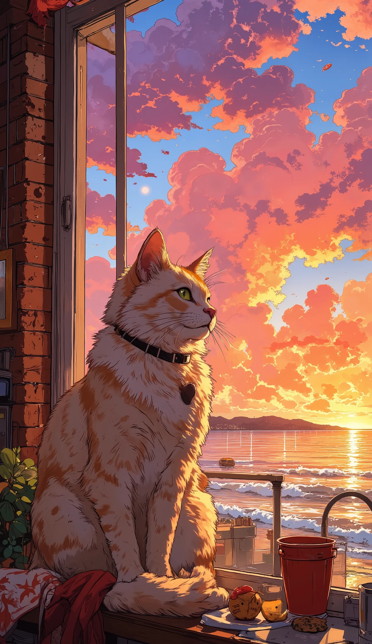 A fluffy white Persian cat sits gracefully on a windowsill, watching a breathtaking sunset over the ocean. The sky is painted in shades of pink, orange, and purple, casting a golden glow on the cat’s soft fur. Gentle waves can be seen in the distance, reflecting the fading sunlight. The window is slightly open, allowing a soft breeze to ruffle the cat’s whiskers.