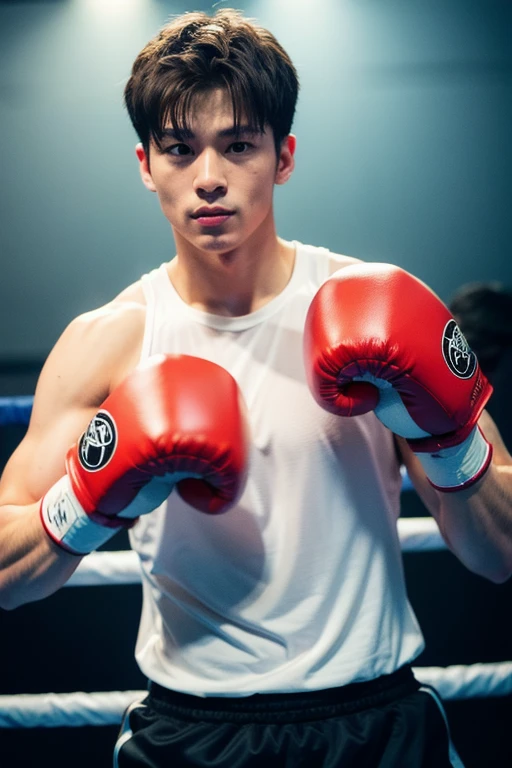 (best quality,4k,8k,highres,masterpiece:1.2), (handsome,attractive:1.1),-yeld Thboy, white skin, very cute and handsome face like teen actor,(boxer,fighter), (weighs in, weight measurement:0.9), (wearing, dressed in) light blue small briefs underwear, standing on the weights scale, In the boxing ring with bright spotlights, (accompanied, cheered on) by There were friends cheering below the stage.