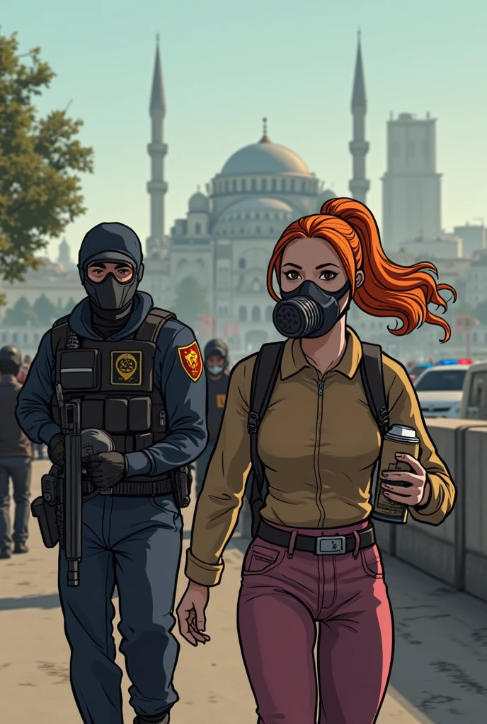 Stunning hijab woman wearing clothes ready to fight the oppression, armed police and military background