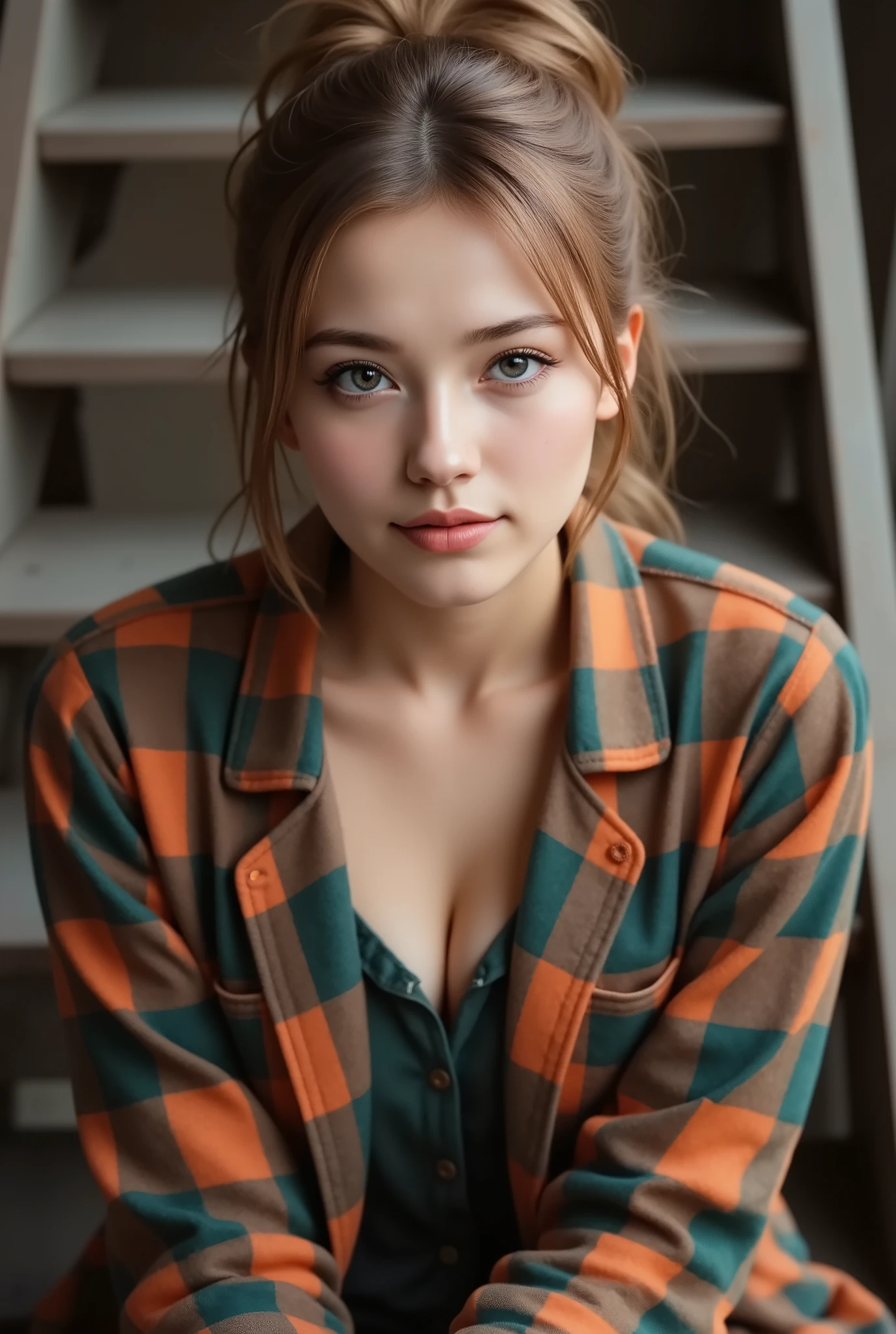 A stunningly beautiful Japanese A highly detailed portrait of a beautiful Irish woman with an expression of introspection. She has blue eyes, mild skin complexion, messy bun with blonde highlights hairstyle and layered, Her layered a brand new richly dark orange-green tartan textured garments and shawl wrap around her in a testament to her heritage. She is sitting on an old rustic steel stairs, adding to the ambiance and depth of her poignant expression