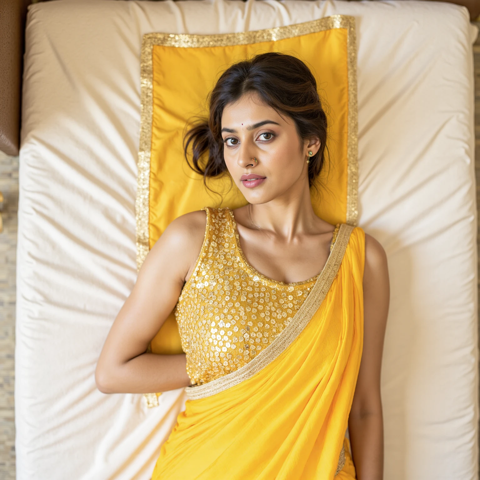 beautiful Indian girl with long hair feeling tired and lying on bed she is wearing kurthi paijama