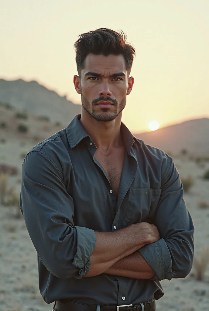 The Rock and open black shirt button 
