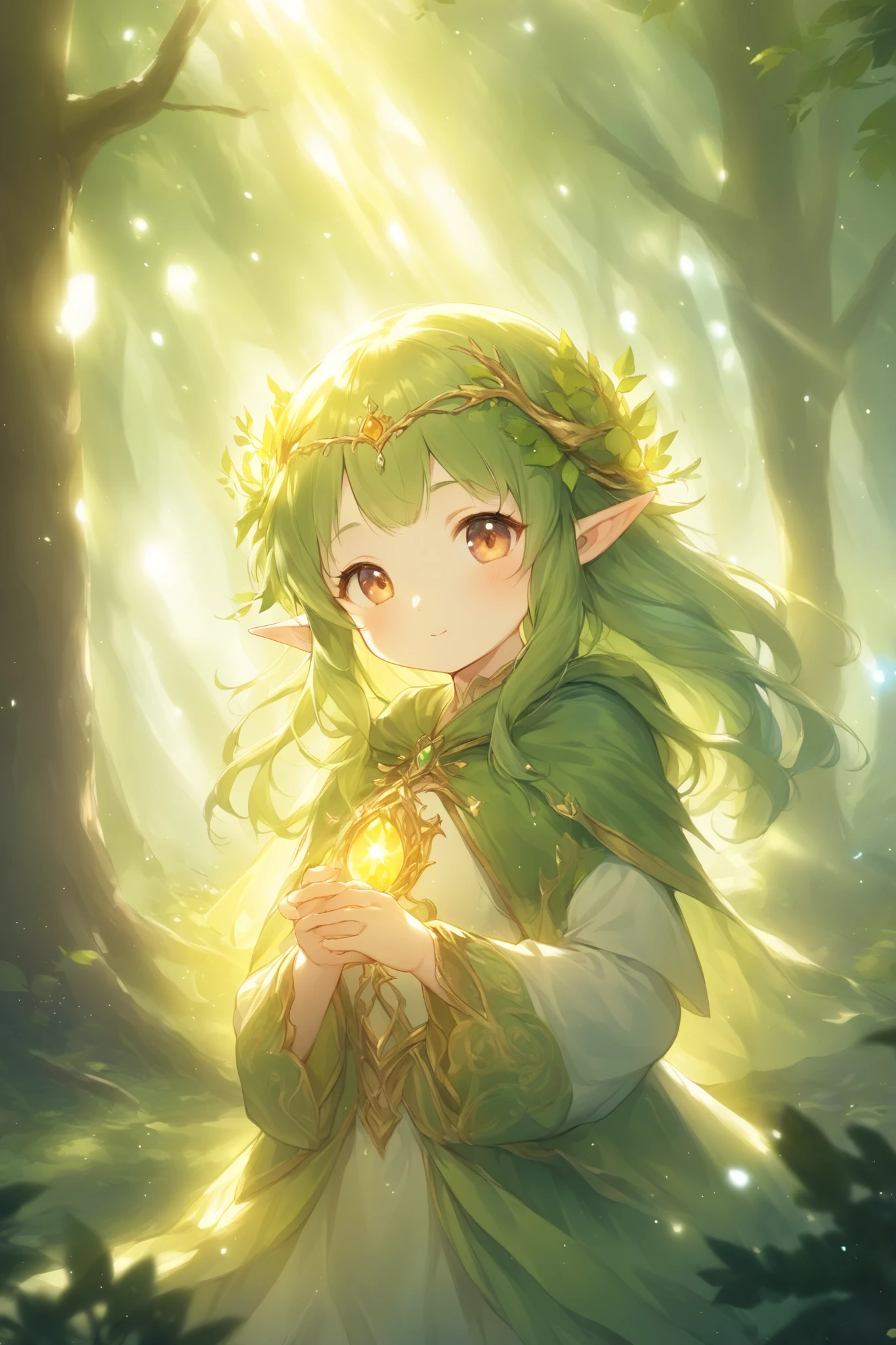 1people、solo、 in the woods、Guardian of the Forest、Light effects、Warm sunlight filtering through the trees、characters、大peopleの女性、cute、 Gold、elf、god々like