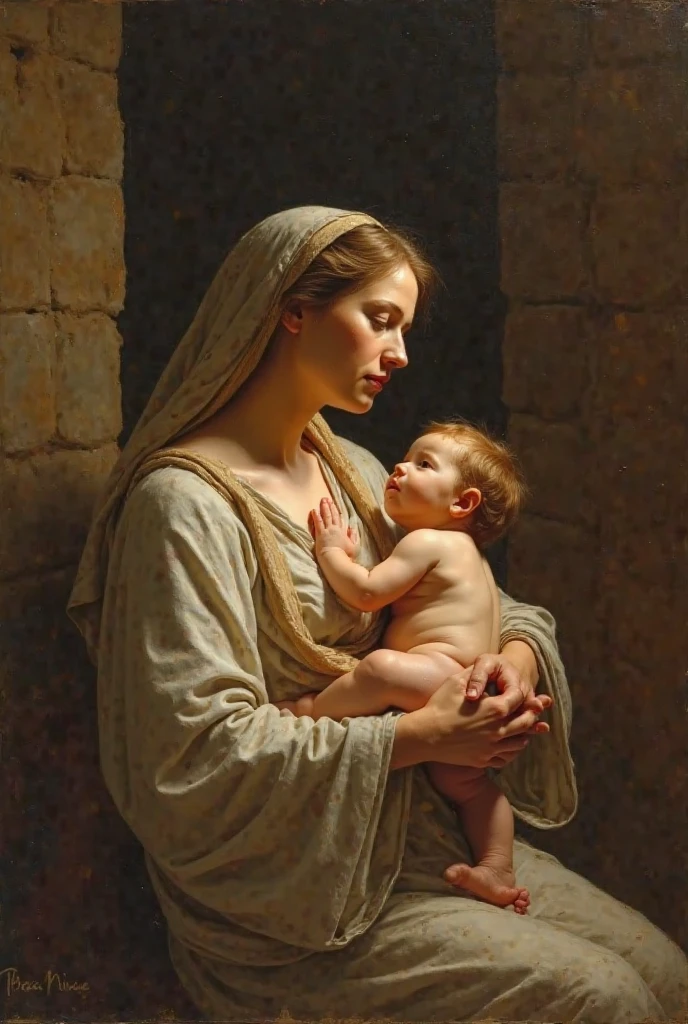 Painting of a woman holding a baby sitting on a rock near a body of water, inspirado em William-Adolphe Bouguereau, Magali Villeneuve e Monet, fotografia materna 4K, Magali Villeneuve», inspirado em Pierre Auguste Cot, foto de retrato de pintura fosca, Directed by: Mark Arian, inspirado em Cornelis van Poelenburgh, arte wlop