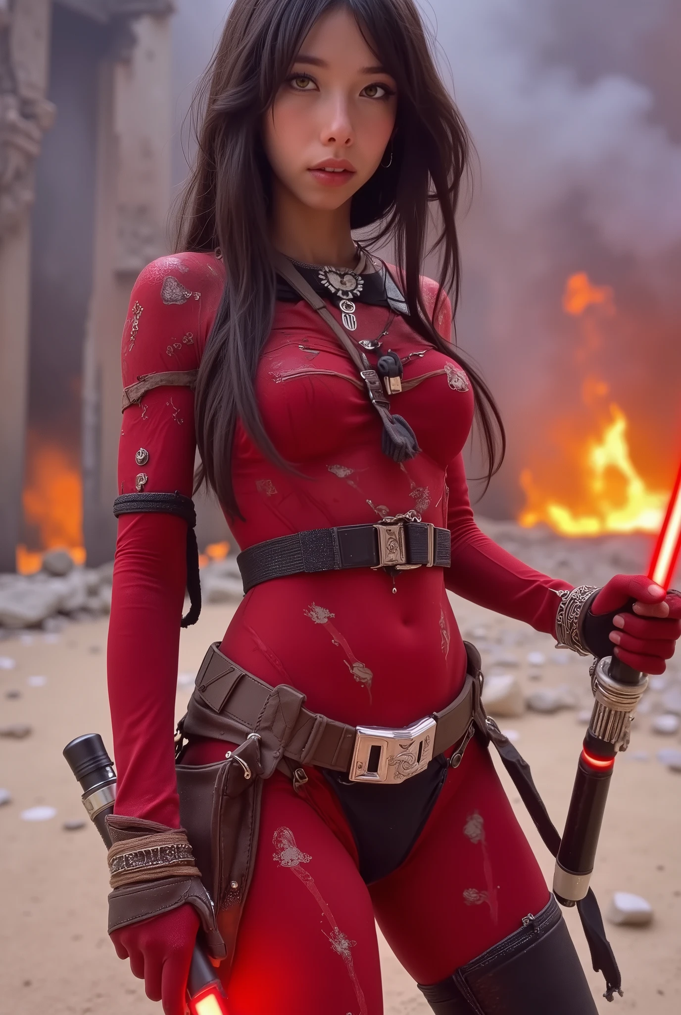 evil Sith Warrior (swh, age 25, red skin, sexy fighting leathers, many dark hypnotic tattoos, yellow eyes, razor teeth, wild hair, red lightsaber, many piercings, evil jewelry) she is in hunting/action poses, menacing, (star wars) ruined futuristic burning facility, she is hunting the Godzilla monster that wrecked her temple, gigantic monster 20 stories tall