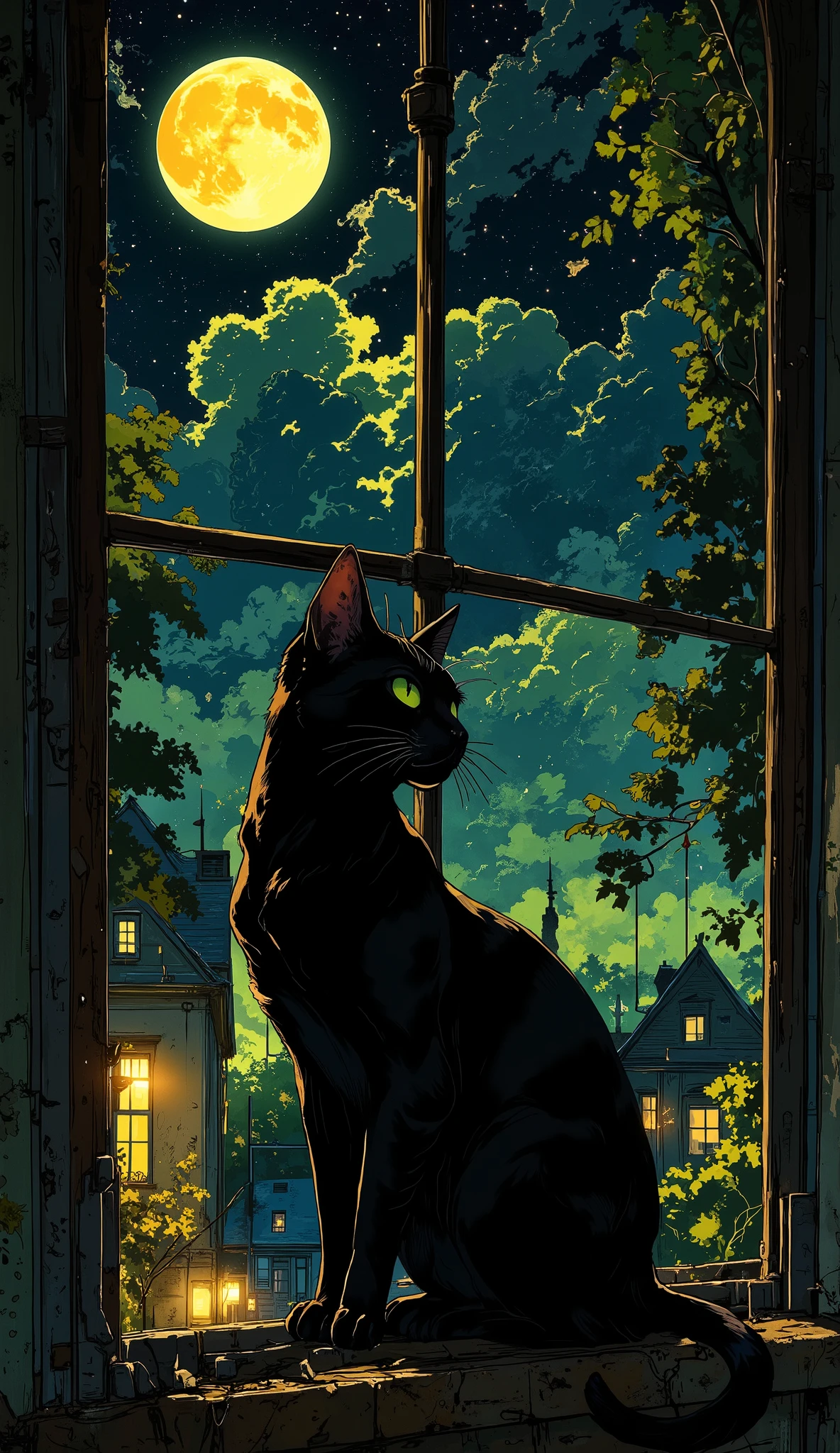 A sleek black cat with piercing green eyes sits on a windowsill, bathed in the glow of a large full moon. The night sky is filled with twinkling stars, and an eerie mist rolls over the city below. The cat’s tail curls around its paws as it gazes at the moon, as if sensing something magical in the air. The window frame is old and gothic-style, with intricate iron detailing.
