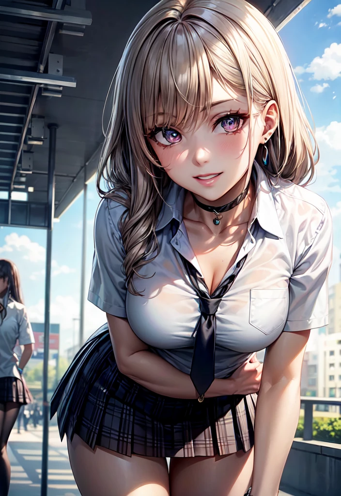 (Masterpiece:1.3、highest quality、Ultra-high resolution、Super detailed)、(Real:1.1、Photorealistic:1.4)、Beautiful illustrations、Perfect lighting、colorful、Border Depth、Beautiful hair in every detail、Beautiful face in every detail、Beautiful definition details、Beautiful clavicle、Beautiful body、Beautiful 、Beautiful thighs、Beautiful legs、Beautiful fingers、Show Viewer、1 girl、Japanese、high school girl、Perfect Face、(Perfect Anatomy、Anatomically correct)、Cute and symmetrical face、Baby face、Skin radiance、(Camel Taved:1.2)、Ble、Asymmetrical Bangs、blue eyes、Long eyelashes、(Chest)、Skinny、(Pull up your skirt、Not wearing underwear、No underwear:2、No bra:1.5)、((Collared short-sleeved shirt、White shirt、White panties、)Grey plaidd skirt、There is nothing attached under the skirt))、(Beautiful views)、evening、(Outdoor、distant cityscape)、Are standing、(She's pulling up her skirt herself:2)、(Cute smile、Blushing、Looking up、Open your mouth)、 (Opening a girl's pussy:1.3)、hour々squat:1.2、 your fingers in your:1.