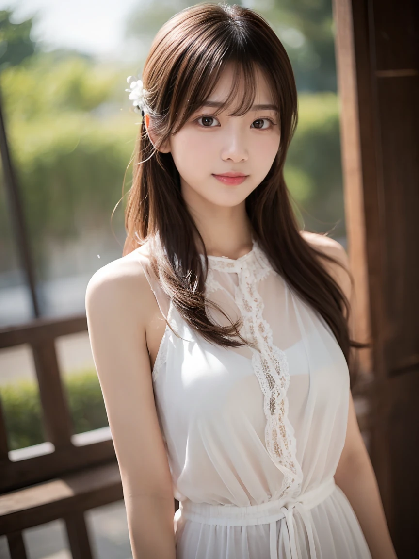 masterpiece、highest quality、High resolution、brook in the forest、wallpaper、realistic、bright lighting、professional lighting、face light、smooth lighting、20Japan Female、adult、beautiful japanese woman、gravure、sexy、super beautiful、beautiful skin、beautiful and detailed eyes、kind face、medium long hair、hair fluttering in the wind、brunette colored hair、look at the camera、slightly bigger breasts、Sheer lace slip、Beautiful legs extending from a slip、standing pose、Shows below the knee、Camera lens 200mm aperture F2.Shot at 8、smile