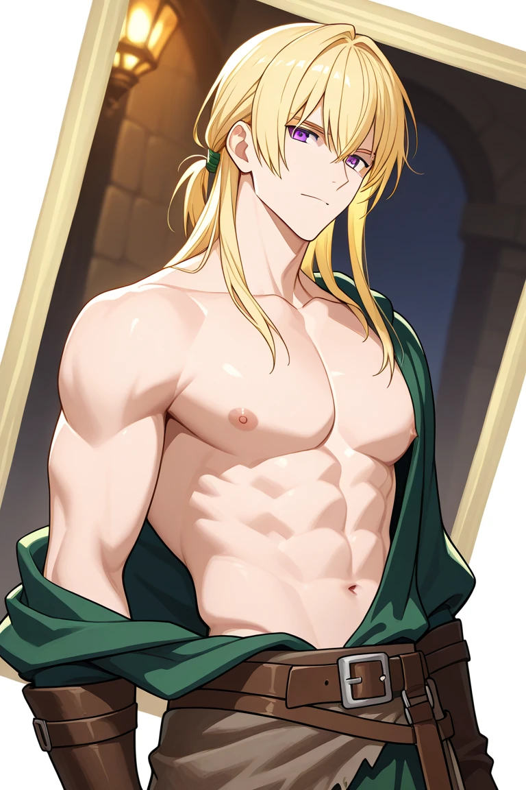 a close up of a man with blonde hair and no shirt, handsome guy, shirtless :: high detail, blonde, anime boy, blonde waist-long hair, handsome anime pose, smooth skin, shirtless,link, masterpiece,detailed, intricate,4k,digital painting,pants,martial arts,black belt, muscular,perfect abs,warrior,sportive,seductive,horny,(smiling:0.3)(evil:0.3)(from below:1.2),(indoor)(palace)(one hand behind head),serious, confident,looking at viewer,maledom,prince,