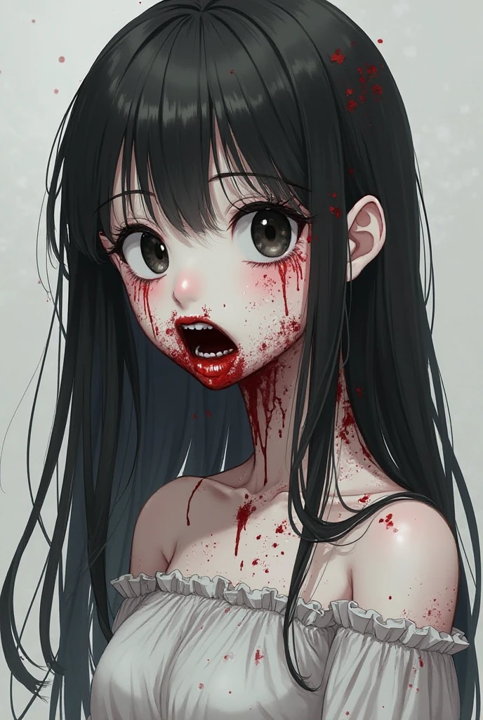 zombie Girl with black hair holding on to her stomach, Looking at the camera in surprise, Blood oozes from under his hands, Kneeling, blood comes from the mouth, Surprise and pain, is looking at the camera, latex tank top and shorts, bullet wound to the abdomen, Blood gushes from his mouth and wounds on his stomach, Young girl killer dies on her knees, gloomy atmosphere, Cruelty, bloods, Snuff Video, blood splatters from the mouth, surprise and pain on the face