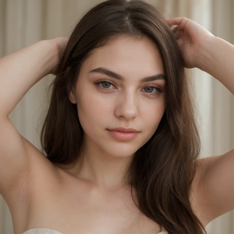Please create a beautiful brunette 20 year old with long curly hair
