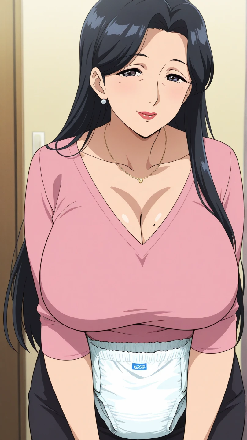 One Girl,Black Hair,Long Hair,blonde,Swollen lips,Painted lips,Thick lips,Eros Smile Face,Oily,Shiny skin,Big Breasts,Cleavage,knit,sweater,Shiny skin