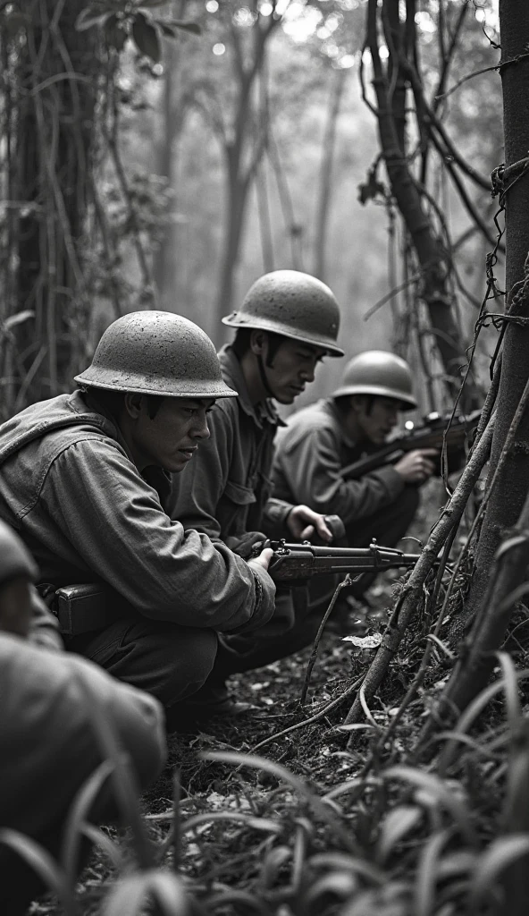 During the Pacific War、Photograph of two Japan soldiers hiding in a trench cave、One of them plays the Hammond organ.。Another was injured in the face and limbs, And a bandage and a triangular bandage on his arm..Crying while listening to the sound of the harmonica in。There was a machine gun on their back.、Small explosions occurred before and after them。explosions、Bursting、fumo、fumo、fulcolor、Coloring、a scene from a movie、4K、masterpiece、masutepiece