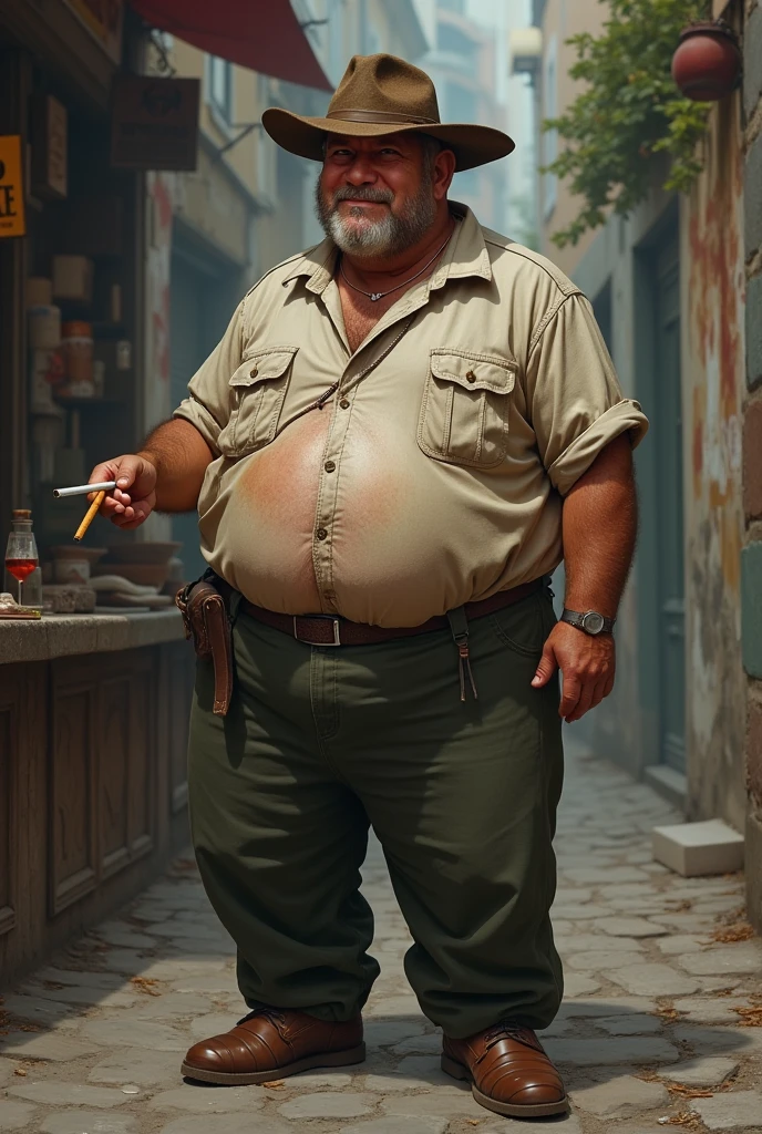 Fat, bald, shirtless man in front of a laundry in Latin America to wash clothes