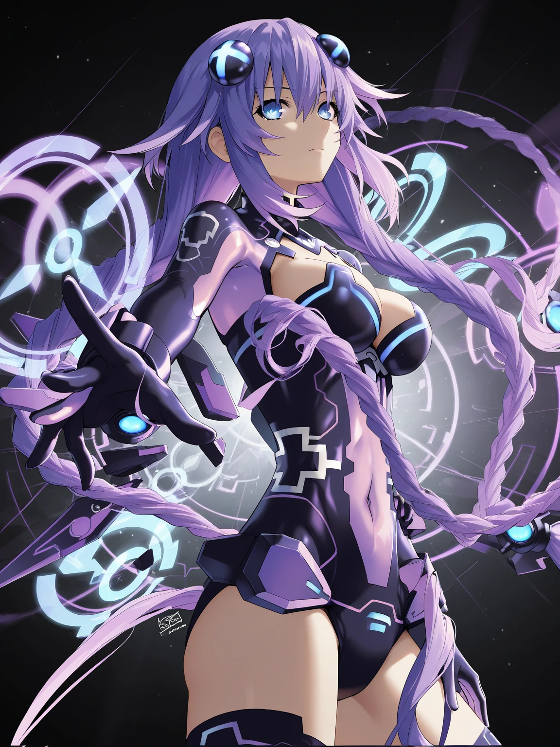 prplhrtdef, twin braids, hair ornament, leotard, cleavage cutout, thighhighs, gloves