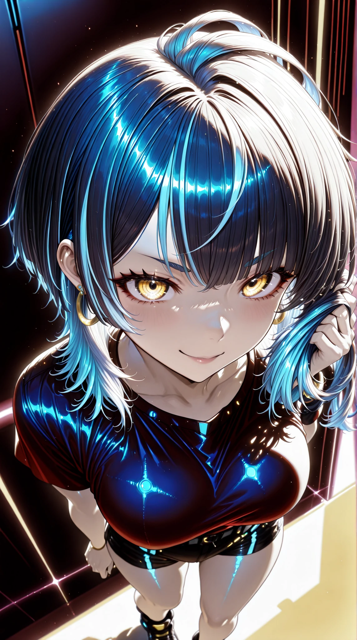 "A cyberpunk-style female character (((standing upright))) (((((Her hair is a very short mash cut with slight light blue highlights in the dark hair, with bangs cut above her eyebrows.))))) She has yellow eyes and silver hoop earrings in both ears. The white blouson that covers her entire body reflects the cyber aesthetic. Her body lines are slender. Her hair sways slightly with her subtle movements, showing a realistic breathing effect with her body movements, and she maintains a cheerful, upbeat expression. Full body view."