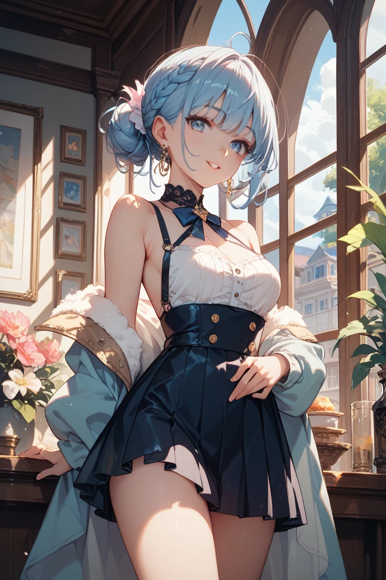 (Masterpiece), Best Quality, ultra-detailed, 1girl (Secelia Dote, short hair, dark skin, blue eyes, half-closed eyes), wicked smile, parted lips, solo, maid (black), frill, apron, maid headdress, ultra mini skirt, black lace thighhighs, garter belt, in the livingroom, standing, Sexy waist teasing, come-on, temptation