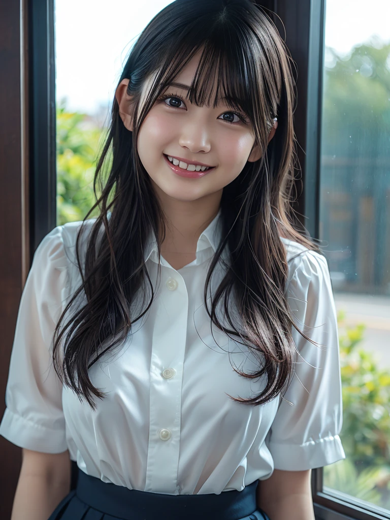 (8k, RAW photo, highest quality, high resolution:1.1), (Ultra-Realistic:1.4),(Realistic, Realistic:1.3), Solit Light,Big,Two Girls,Realistic Face,Realistic Body,Realistic Skin,Confused,Masterpiece,(Cute:1.8), Cute Girls, Alone, (Big:1.2), Detailed Black Eyes,Innocent Eyes,Blush,(School Uniform:1.2),Cinema Lighting,Film Grain,Jewelry,Earrings,((Medium Hair:1.1)),((Floating Hair Novalog Style)),Cherry Blossom Lips,Hair Ribbon,Hair Ribbon,Ponytail,Close,Look Viewer,Long Hair,Upper Body,Open Lips,Upper Teeth, (Smiling Eyes:0.6),((Grinning:1.2)),Depth of Field,Blurred Background,Eye Focus,Bokeh,Young,85mm Lens, 1.4,Professional Lighting, Young,Portrait,Photon Mapping,Radiosity,Physically Based Rendering,Asian, [Ponytail],((Dancing in the Rain)),((High School Girl:1.3)),((Frontal,Cowboy Shot))