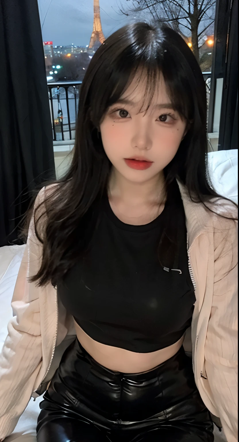 Skinniest girl ever,small round ass , black leggings, naked torso , cute sexy croptop, thin wool jacket, dark pink nipples , big glass window, night sky , big Paris city , Close-face, close up , laying on the bed , wide angle