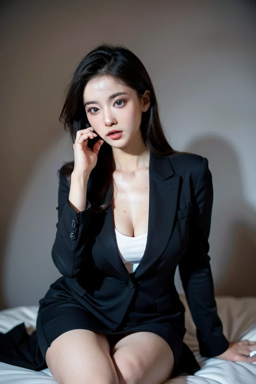 asian girl, (beautiful head, long black hair, black eyes, small mouth, (fare makeup, pink cheek, lipstick)), (thin body, average breasts) perfect body 8k in a bedroom sitting on a white white bed .in a chic black outfit