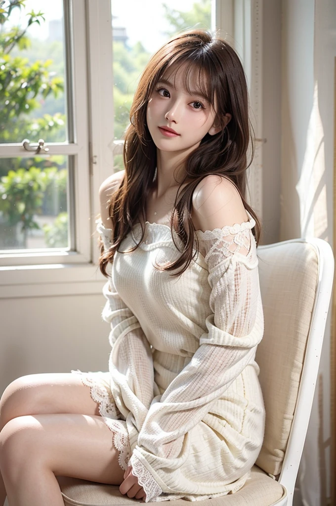 (8K, highest quality, masterpiece:1.2), (realistic, Photoreal:1.37),up, super detailed, one girl, cute, solo, bed, (nose blush), (laughter:1.20), (closed mouth), chest, beautiful and fine eyes, (hair length: 1.2), Floating hair NovaFrogStyle, Upper body,cut and sew,Piece Pose