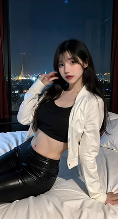 long thick black hair, leather jacket, white tights, nude, no panties, flashing camera,