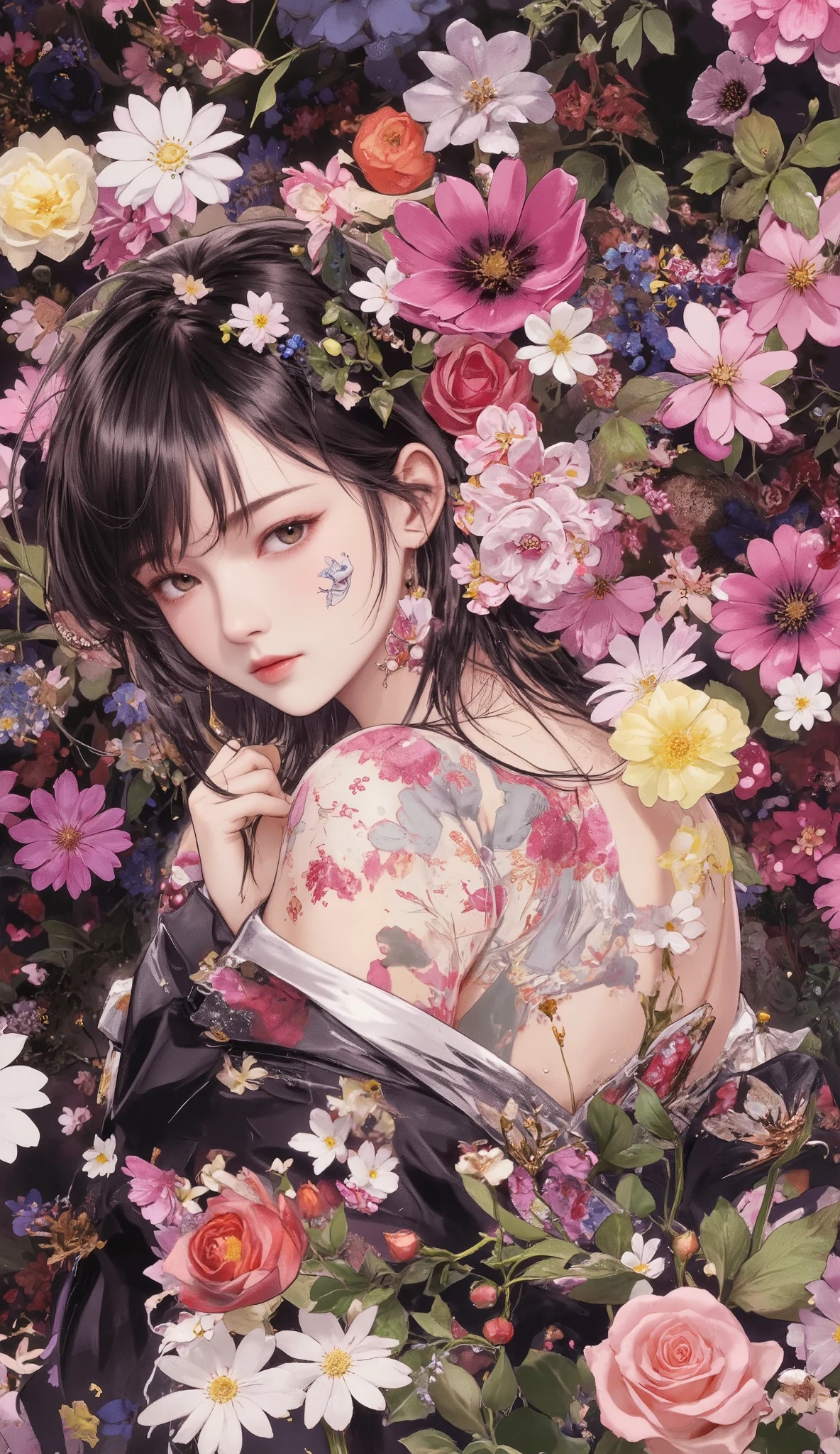 masterpiece, Best Quality, ultra resolution, perfect anatomy,  one woman、detailed face、flowers、You can see part of the face、 Part of the Body 、flowers spread all over the screen、The flowers are covered in colorful、dramatic、dynamic、absurd、metaphysics  