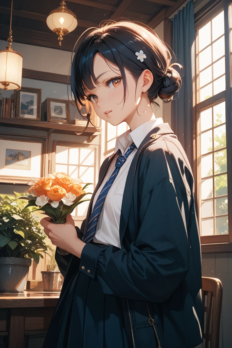 yuukikonno, Yuki Konno,Black Hair,short hair,Bob Hair ,Green headband,(iris:1.5), (Small breasts:1.2), smile,break skirt, shirt, bow, ribbon, , white shirt, Short sleeve, Pleated skirt, collared shirt, mini skirt, bowtie, 茶色のloafers , Black Skirt, Black Pantyhose, loafers, black bow, Sweater vest, (back Sweater vest:1.5),There is a big birthday cake on the table.,Tears stream down her face,Tears of joy,I cry a lot,whole bodyがイラストに入るように,holding a large bouquet of flowers in both hands,Confetti,
break indoors,  School,classroom,
break looking at viewer, whole body,
break (masterpiece:1.2), highest quality, High resolution, unity 8k wallpaper, (shape:0.8), (Beautiful details:1.6), Highly detailed face, Perfect lighting, Highly detailed CG, (Perfect hands, Perfect Anatomy),